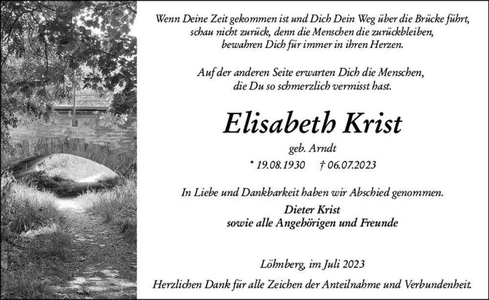  Traueranzeige für Elisabeth Krist vom 18.07.2023 aus Weilburger Tageblatt