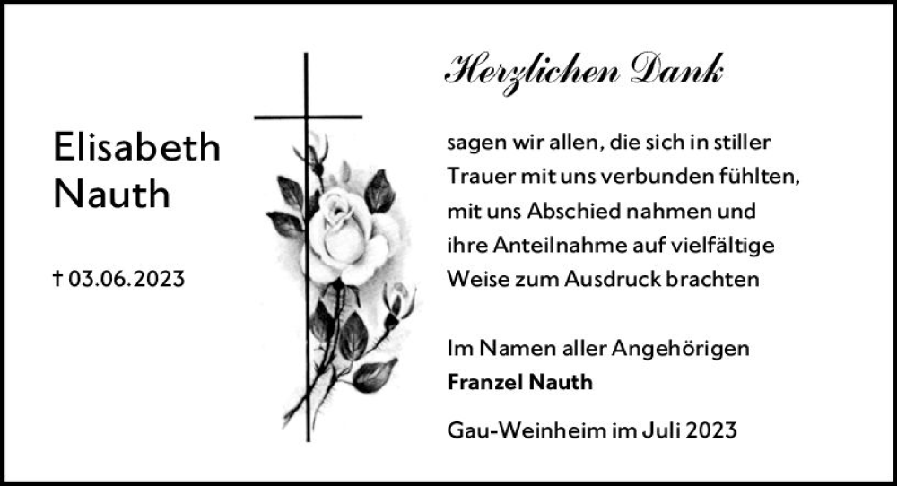  Traueranzeige für Elisabeth Nauth vom 29.07.2023 aus Allgemeine Zeitung Alzey