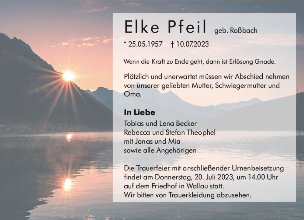  Traueranzeige für Elke Pfeil vom 13.07.2023 aus Hinterländer Anzeiger