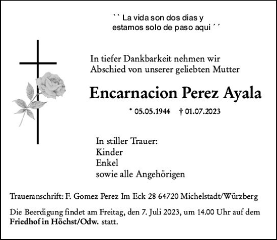 Traueranzeige von Encarnacion Perez Ayala von Odenwälder Echo