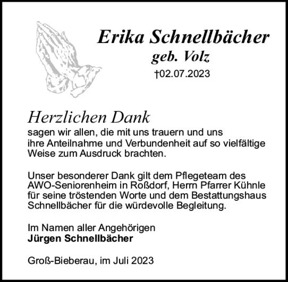  Traueranzeige für Erika Schnellbächer vom 22.07.2023 aus Darmstädter Echo