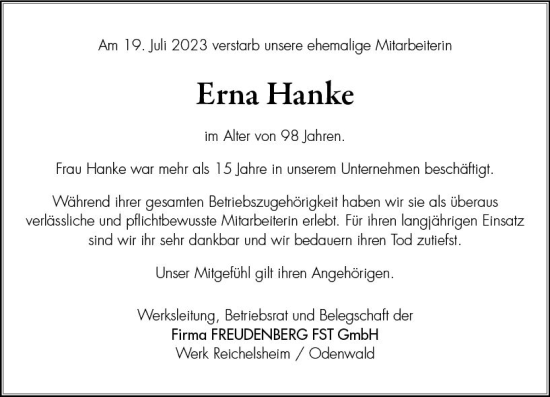 Traueranzeige von Erna Hanke von Odenwälder Echo
