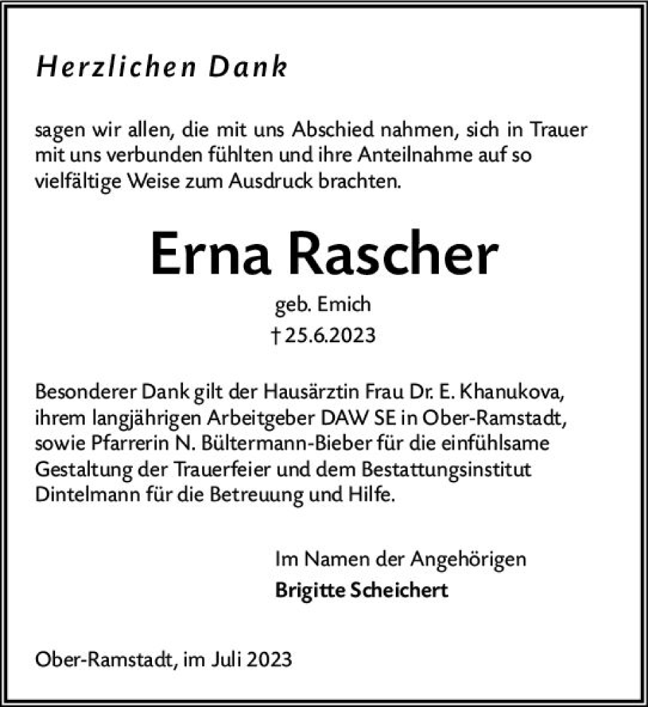  Traueranzeige für Erna Rascher vom 15.07.2023 aus Darmstädter Echo