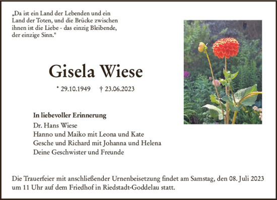 Traueranzeige von Gisela Wiese von Groß-Gerauer Echo