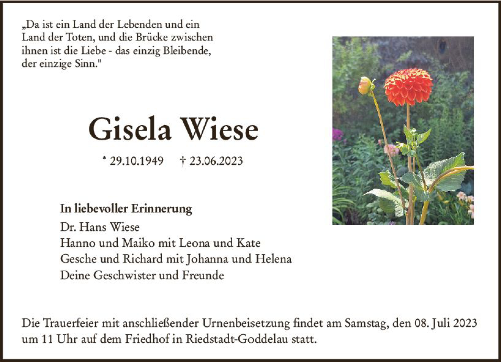  Traueranzeige für Gisela Wiese vom 05.07.2023 aus Groß-Gerauer Echo