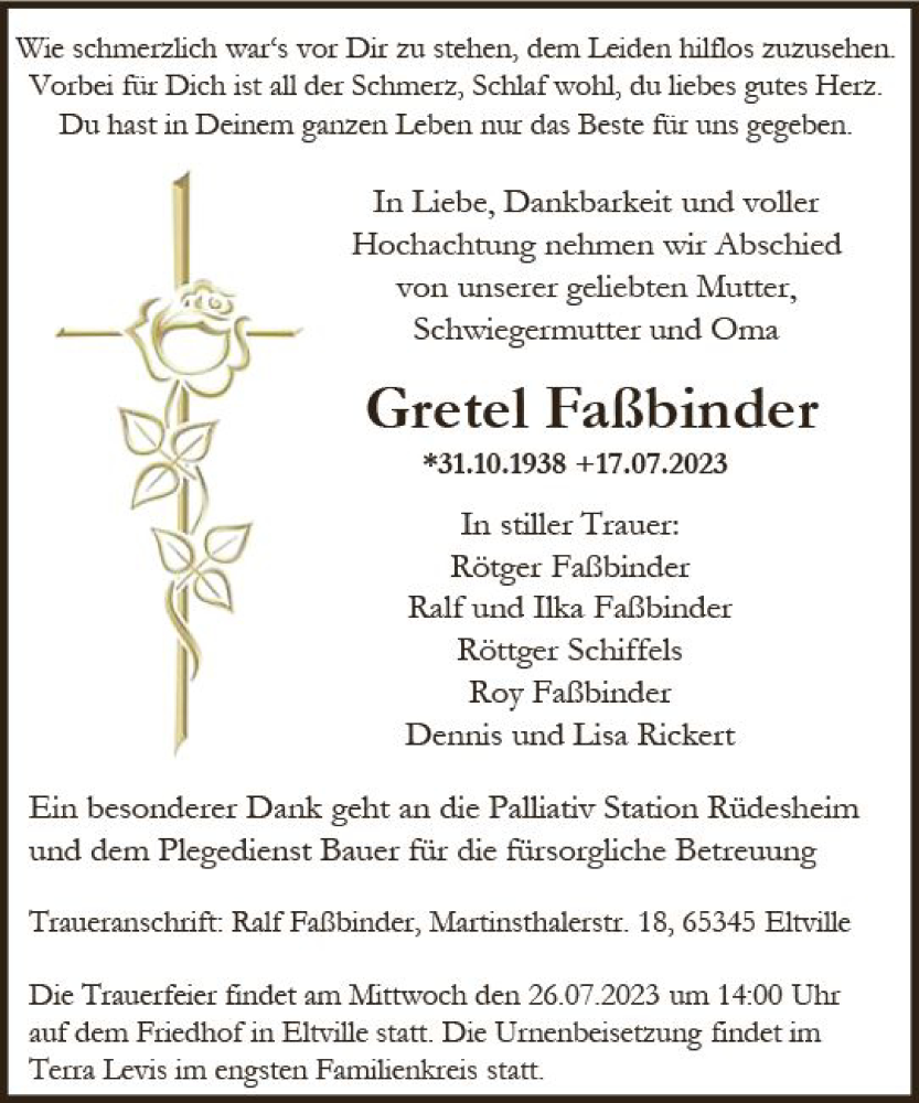  Traueranzeige für Gretel Faßbinder vom 22.07.2023 aus Rheingau Kurier