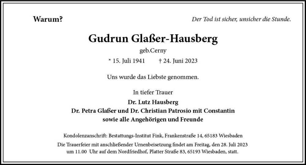  Traueranzeige für Gudrun Glaßer-Hausberg vom 08.07.2023 aus Wiesbadener Kurier