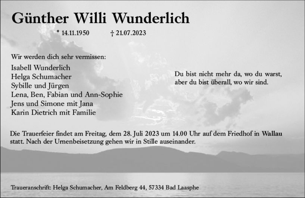  Traueranzeige für Günther Willi Wunderlich vom 26.07.2023 aus Hinterländer Anzeiger