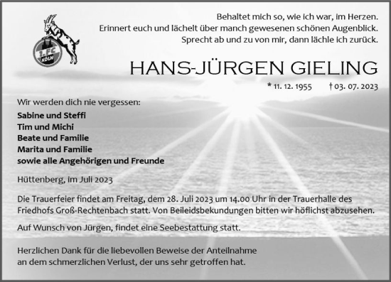 Traueranzeige von Hans-Jürgen Gieling von Wetzlarer Neue Zeitung