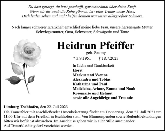 Traueranzeige von Heidrun Pfeiffer von Nassauische Neue Presse