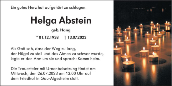 Traueranzeige von Helga Abstein von Allgemeine Zeitung Bingen/Ingelheim