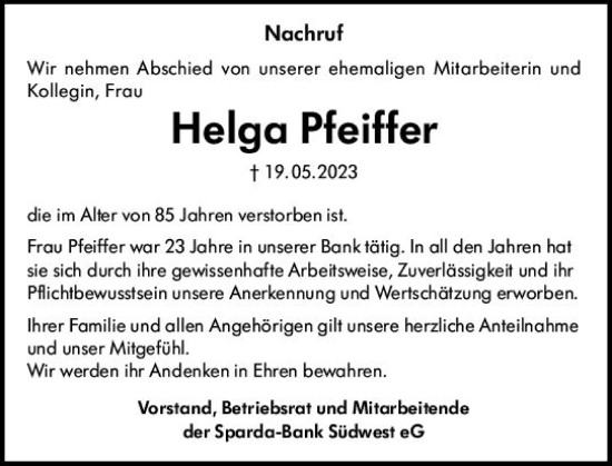 Traueranzeige von Helga Pfeiffer von Allgemeine Zeitung Mainz