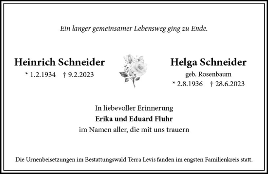Traueranzeige von Helga Schneider von Wiesbadener Kurier