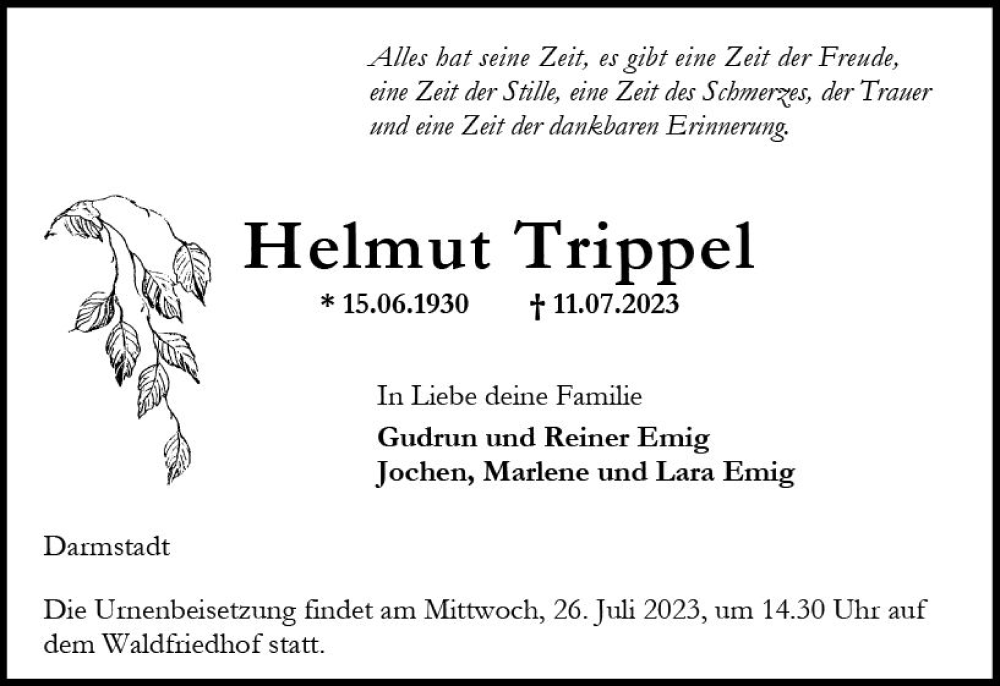  Traueranzeige für Helmut Trippel vom 22.07.2023 aus Darmstädter Echo