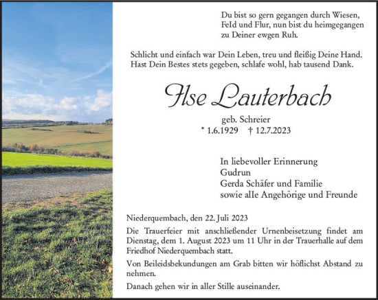 Traueranzeige von Ilse Lauterbach von Wetzlarer Neue Zeitung