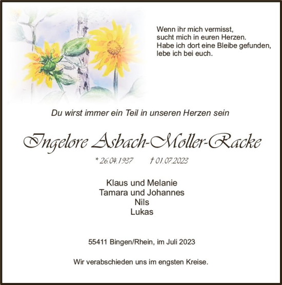 Traueranzeige von Ingelore Asbach-Moller-Racke von Allgemeine Zeitung Bingen/Ingelheim