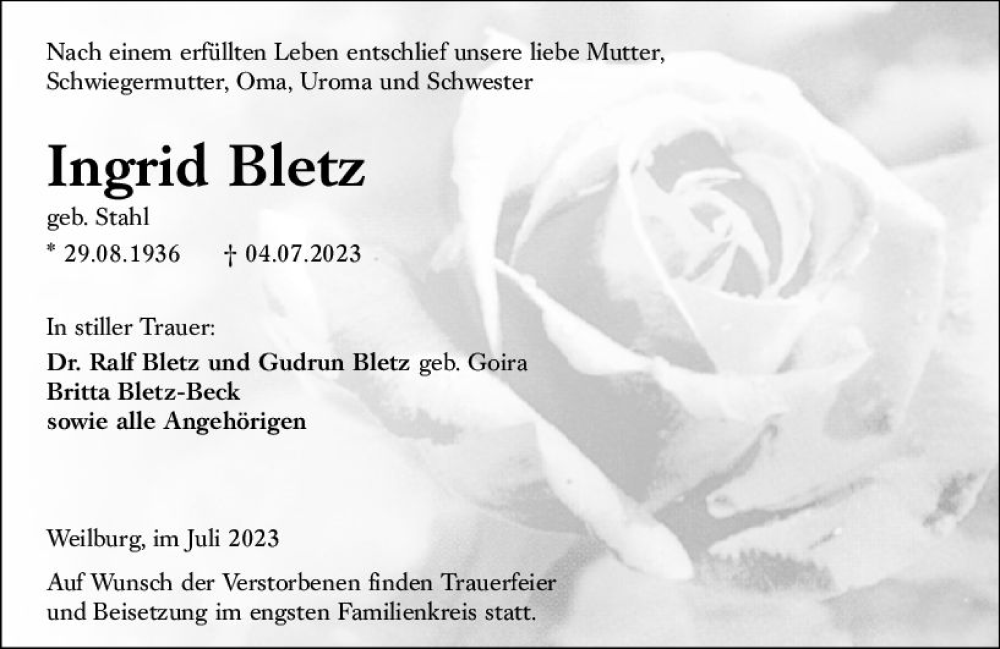  Traueranzeige für Ingrid Bletz vom 12.07.2023 aus Weilburger Tageblatt
