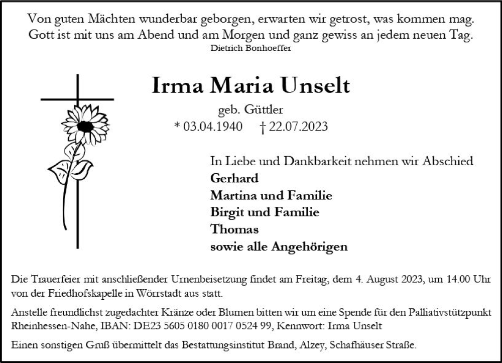  Traueranzeige für Irma Maria Unselt vom 29.07.2023 aus Allgemeine Zeitung Alzey