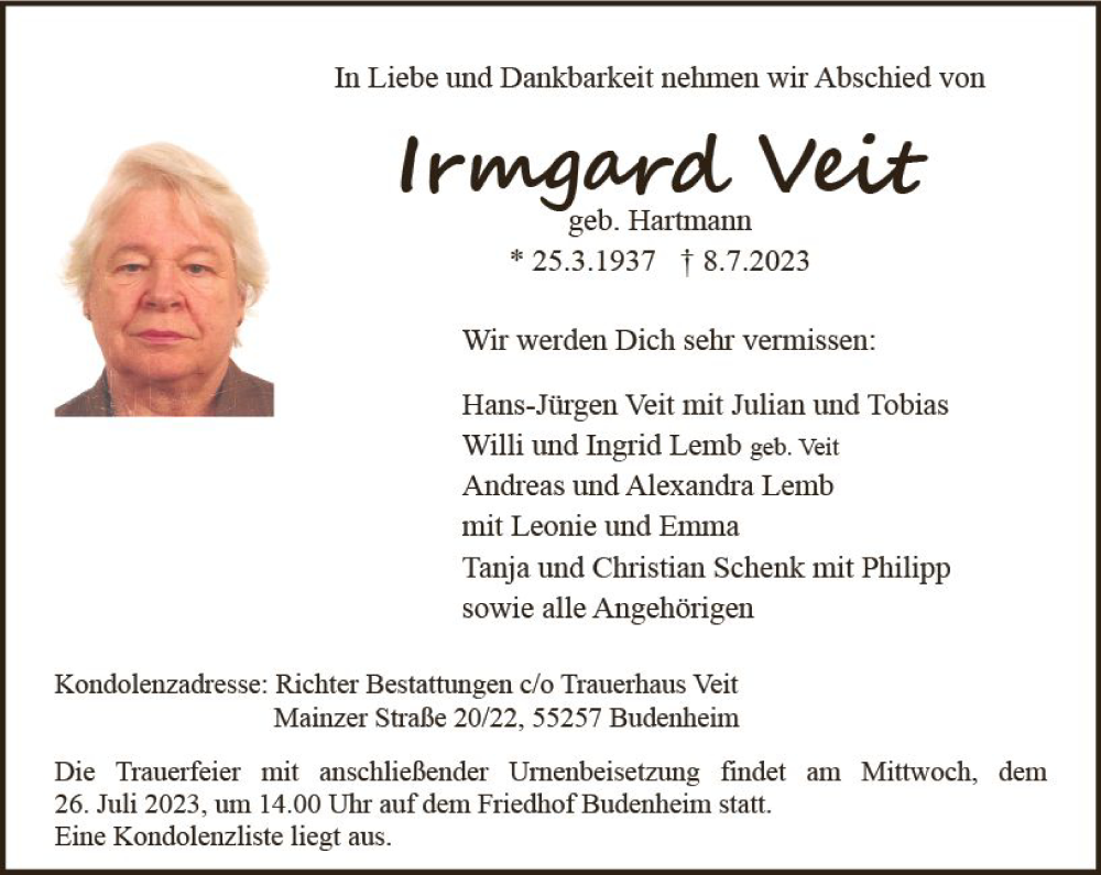  Traueranzeige für Irmgard Veit vom 22.07.2023 aus Allgemeine Zeitung Mainz