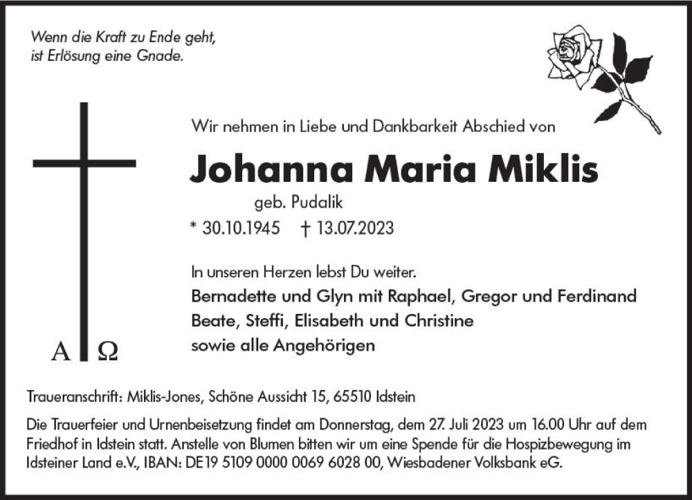  Traueranzeige für Johanna Maria Miklis vom 22.07.2023 aus Idsteiner Land/Untertaunus
