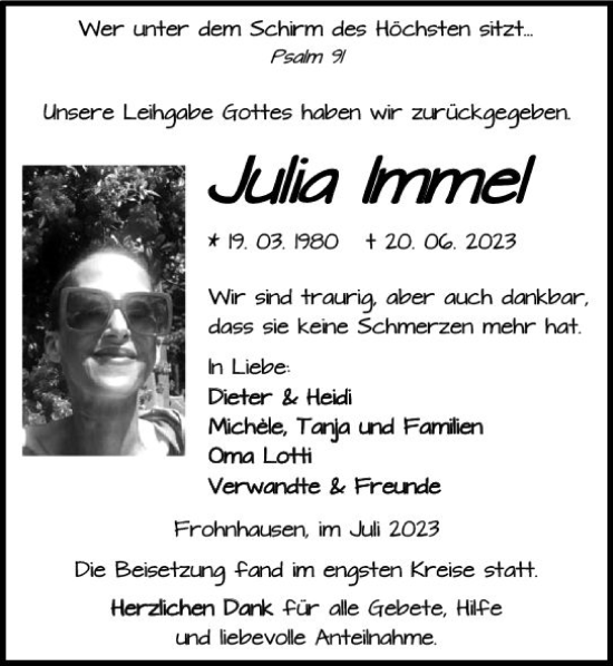 Traueranzeige von Julia Immel von Dill Block