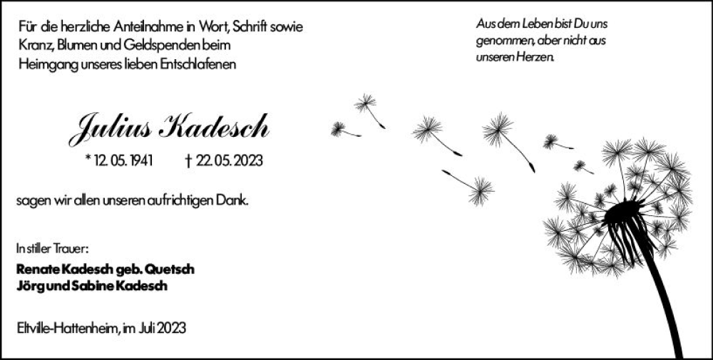  Traueranzeige für Julius Kadesch vom 05.07.2023 aus Rheingau Kurier