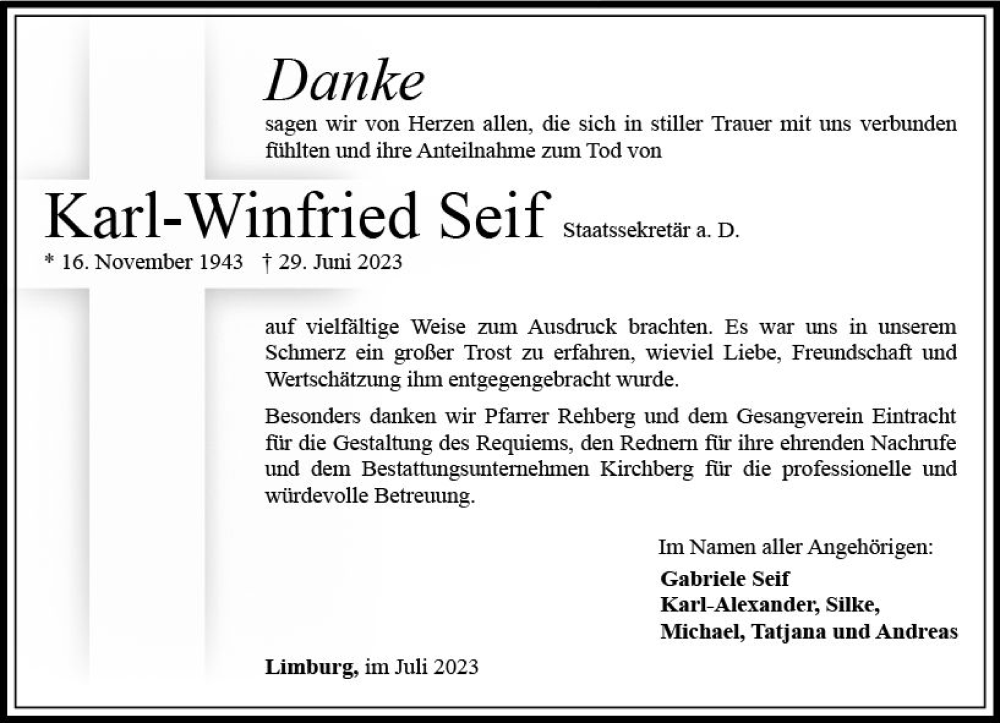  Traueranzeige für Kari-Winfried Seif vom 29.07.2023 aus Nassauische Neue Presse