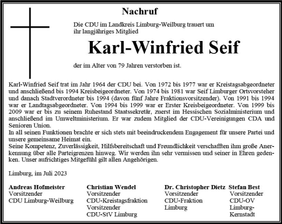Traueranzeige von Karl-Winfried Seif von Nassauische Neue Presse