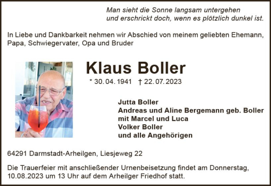 Traueranzeige von Klaus Boller von Darmstädter Echo