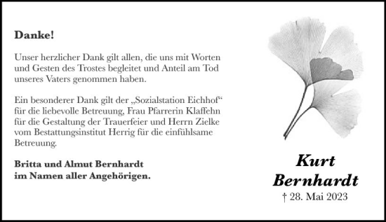 Traueranzeige von Kurt Bernhardt von Oberhessen Kurier