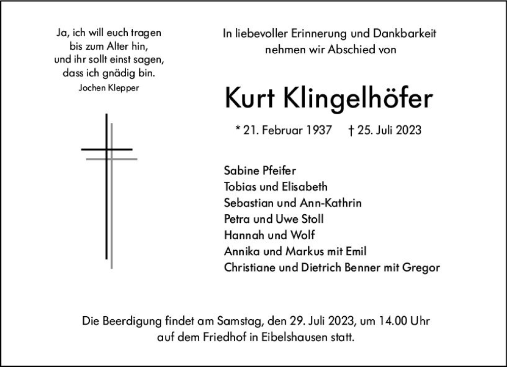  Traueranzeige für Kurt Klingelhöfer vom 27.07.2023 aus Dill Block