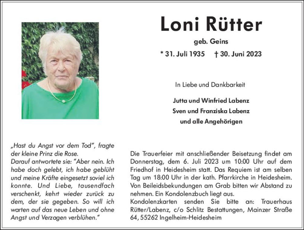  Traueranzeige für Loni Rütter vom 04.07.2023 aus Allgemeine Zeitung Bingen/Ingelheim