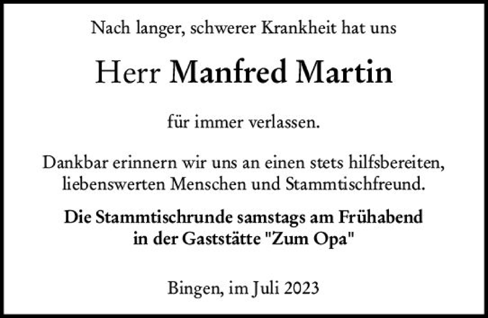  Traueranzeige für Manfred Martin vom 27.07.2023 aus Allgemeine Zeitung Bingen/Ingelheim