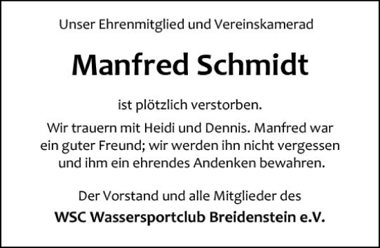 Traueranzeige von Manfred Schmidt von Hinterländer Anzeiger