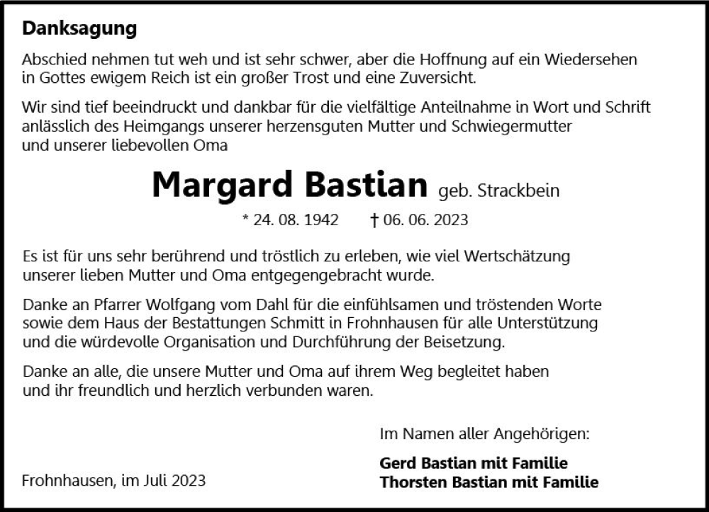  Traueranzeige für Margard Bastian vom 22.07.2023 aus Dill Block