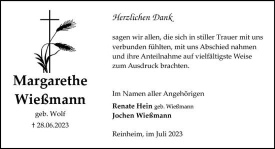 Traueranzeige von Margarethe Wießmann von Darmstädter Echo