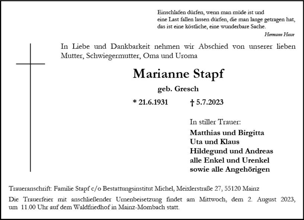  Traueranzeige für Marianne Stapf vom 22.07.2023 aus Allgemeine Zeitung Mainz