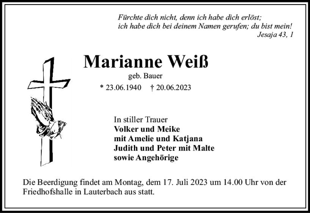  Traueranzeige für Marianne Weiß vom 11.07.2023 aus VRM Trauer