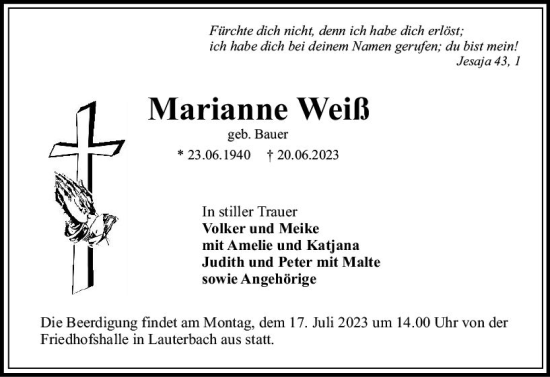 Traueranzeige von Marianne Weiß von VRM Trauer