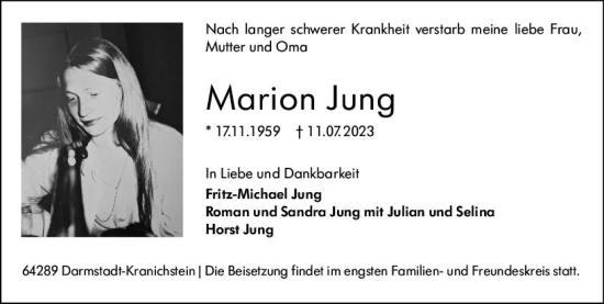 Traueranzeige von Marion Jung von Darmstädter Echo