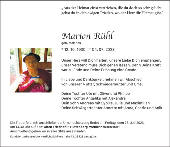 Traueranzeige von Marion Rühl von Wetzlarer Neue Zeitung