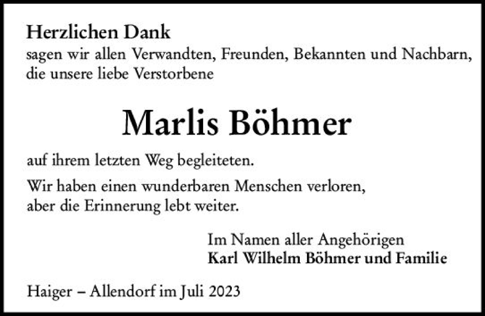  Traueranzeige für Marlis Böhmer vom 08.07.2023 aus Dill Block