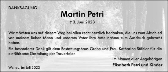 Traueranzeige von Martin Petri von Hinterländer Anzeiger