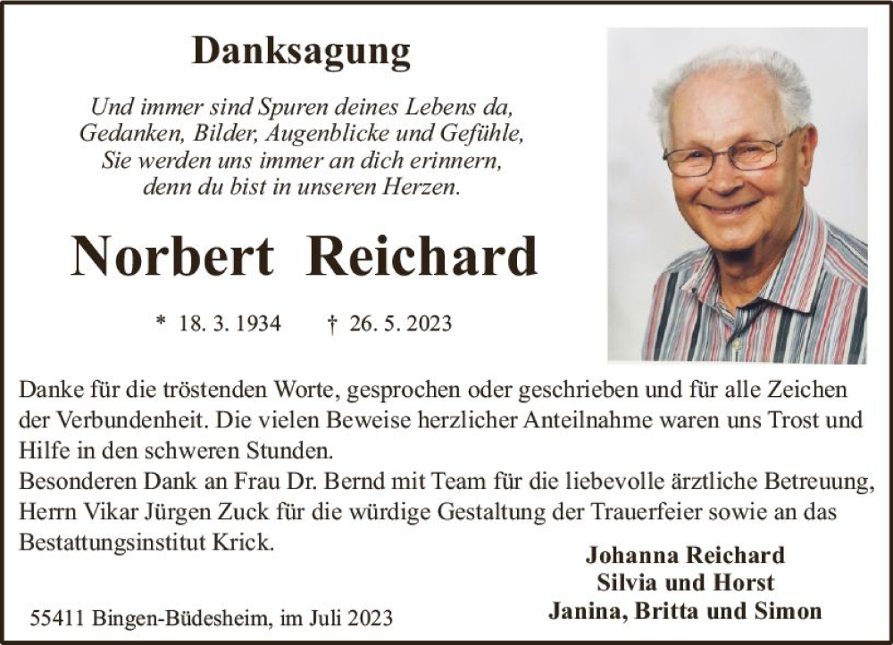  Traueranzeige für Norbert Reichard vom 22.07.2023 aus Allgemeine Zeitung Bingen/Ingelheim