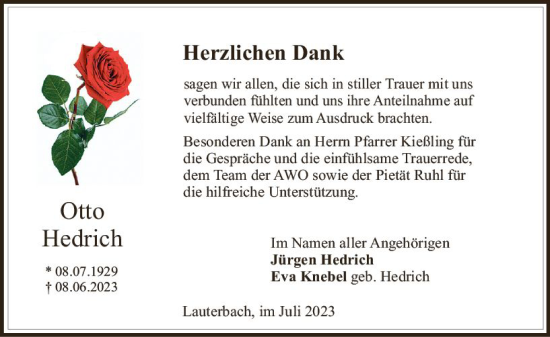 Traueranzeige von Otto Hedrich von Oberhessen Kurier