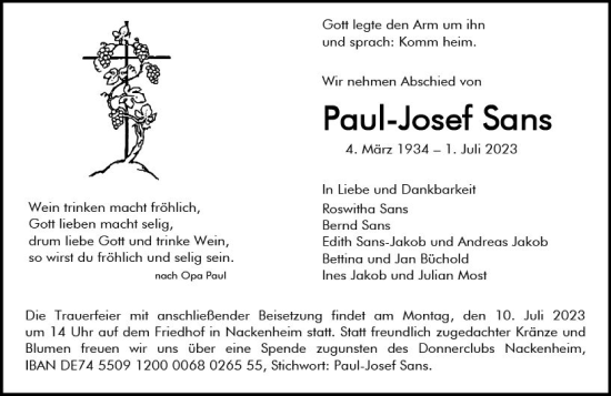 Traueranzeige von Paul-Josef Sans von Allgemeine Zeitung Mainz