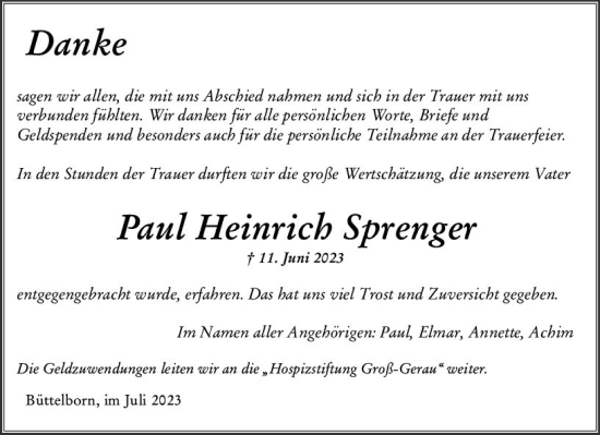 Traueranzeige von Paul Heinrich Sprenger von Groß-Gerauer Echo