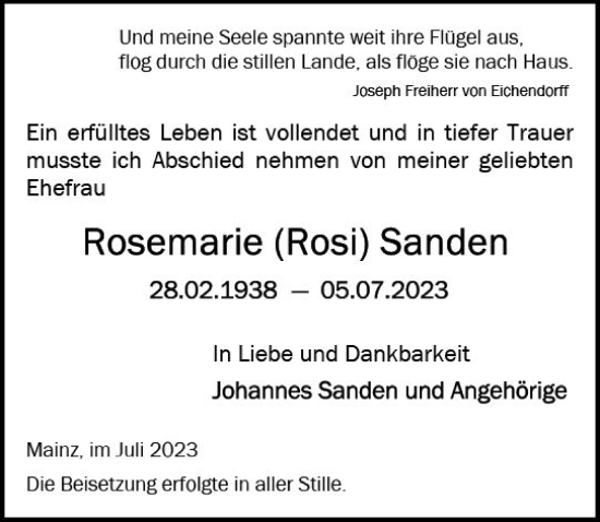 Traueranzeige von Rosemarie Sanden von Allgemeine Zeitung Mainz