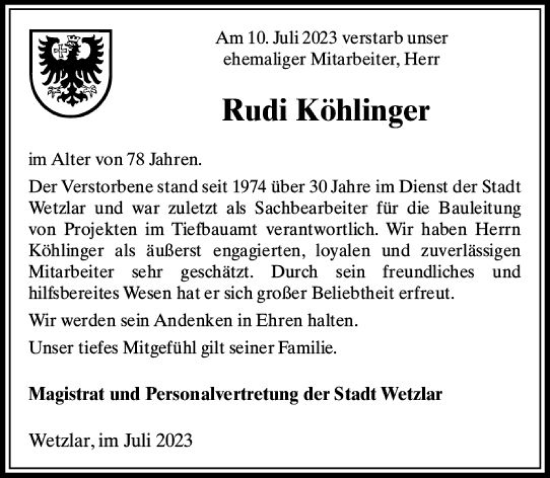 Traueranzeige von Rudi Köhlinger von Wetzlarer Neue Zeitung