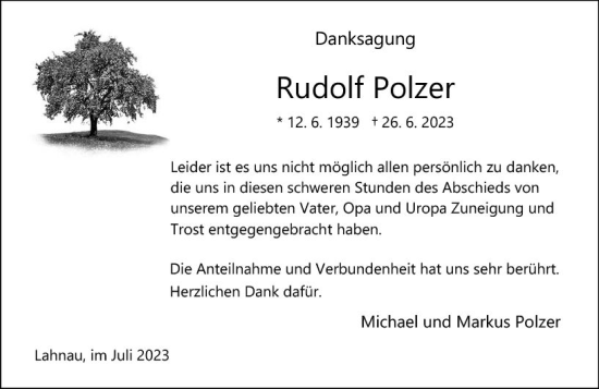 Traueranzeige von Rudolf Polzer von Wetzlarer Neue Zeitung